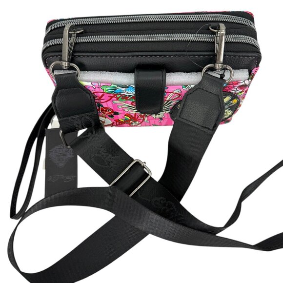 Ed Hardy Women's Crossbody Wallet With Strap Pink Tattoo Print Vegan Leather NWT - Picture 2 of 12